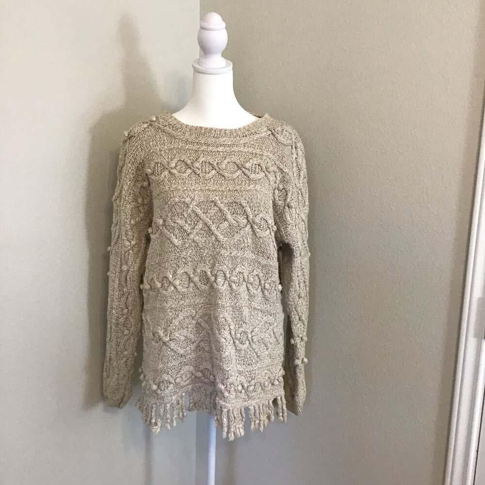 Express Tricot  Vintage Hand knit Beige Chunky Cable  Fringe Boho Sweater Large